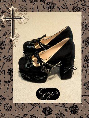 Gothic Lolita Bow Suede Platform Heels Mary Jane Black Size 7